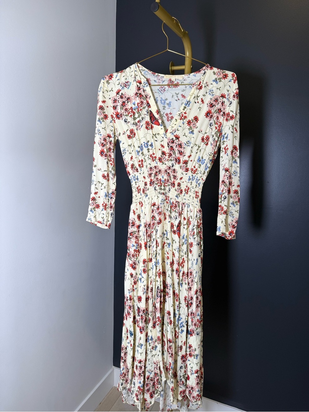 Maje Cream Maxi Dress with Red and Blue Floral Print